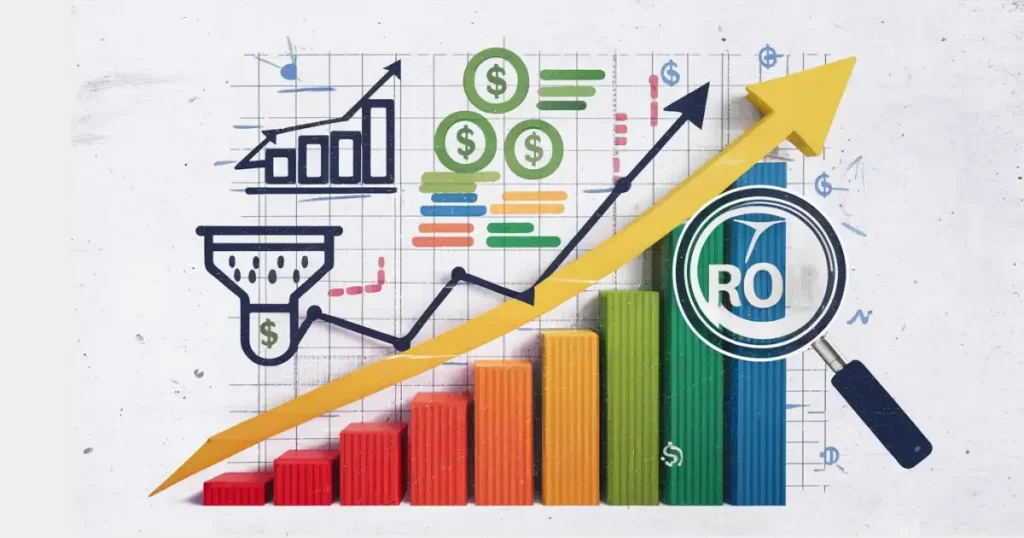  رسم بياني يوضح مفهوم عائد الاستثمار (ROI) في خطة التسويق، مع التركيز على أهمية تتبع المقاييس الرئيسية لقياس نجاح الحملة وتحسينها لتحقيق نتائج أفضل.