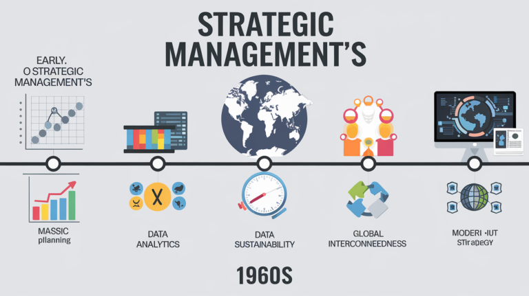 جدول زمني مرئي يوضح المعالم الرئيسية في تطور الإدارة الاستراتيجية، مع أيقونات تمثل المفاهيم الرئيسية عبر العقود.