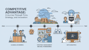 خط زمني مصور يوضح التطور التاريخي لـ الميزة التنافسية . الميزة من الاقتصاد الكلاسيكي إلى العصر الرقمي، مع اقتباس جريء يسلط الضوء على الاستراتيجية والابتكار.