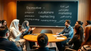 خمسة طلاب إدارة أعمال يناقشون مفهوم قيمة العميل بحماس أمام جمهور من زملائهم في قاعة مناقشات جامعية