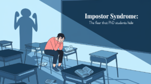 طالب دكتوراه يجلس وسط فوضى من الكتب والأوراق، يبدو عليه القلق والتوتر، مع ظل كبير على الحائط يرمز لـ متلازمة المحتال