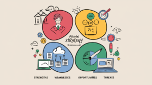 صورة توضح مخطط تحليل SWOT مع الكلمات الرئيسية لفهم أفضل.