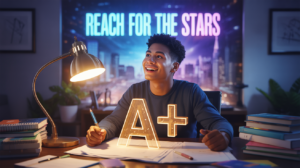 صورة ملهمة لطالب ينظر إلى المستقبل بتفاؤل، بعد مراجعة إجابات أسئلة امتحان التسويق الاستراتيجي، مع وجود شعار أو رمز للنجاح.