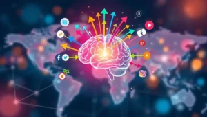 رسم توضيحي يمثل العقل المبدع في التسويق الابتكاري مع أفكار وحلول تسويقية