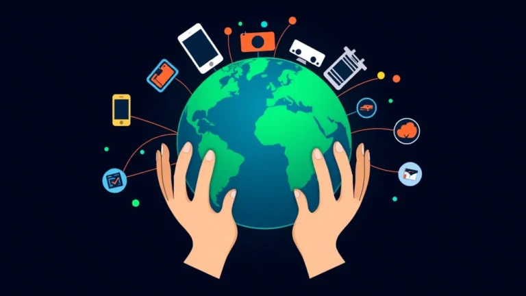 صورة توضيحية لمفهوم إدارة المنتج في الأسواق الدولية، تظهر الكرة الأرضية متصلة برموز منتجات متنوعة وأيادي متعاونة.