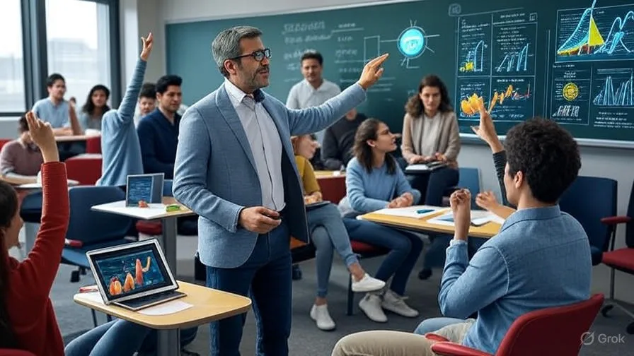 منصة Manus AI: ثورة في التعليم العالي والبحث الأكاديمي - دليل شامل للأساتذة الجامعيين 2 قاعة دراسية تفاعلية حيث يقوم أستاذ جامعي بتدريس الاقتصاد باستخدام عروض تقديمية مدعومة بالذكاء الاصطناعي، مع طلاب متفاعلين يستخدمون الأجهزة اللوحية لمحاكاة النماذج الاقتصادية والرسوم البيانية التفاعلية