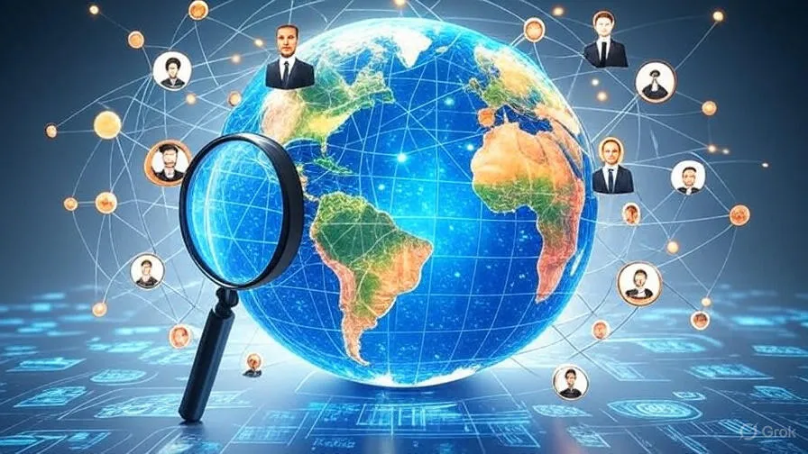 خريطة عالمية متصلة ترمز لتدفق البيانات والأسواق العالمية، مع عدسة مكبرة وأيقونات أعمال، تعبر عن بحوث التسويق الدولية الشاملة