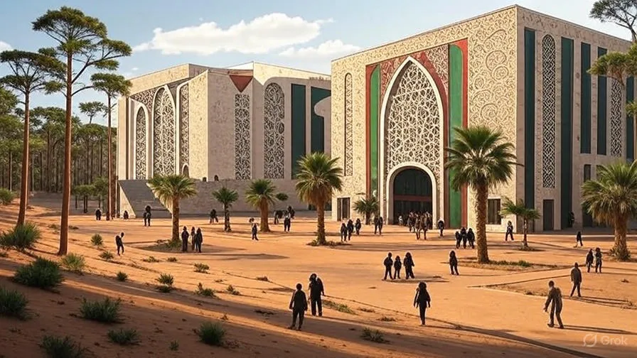 منصة Manus AI: ثورة في التعليم العالي والبحث الأكاديمي - دليل شامل للأساتذة الجامعيين 3 حرم جامعي عربي حديث يظهر العمارة الإسلامية المعاصرة مع الأنماط الهندسية التقليدية، حيث يتنقل الطلاب والأساتذة في بيئة أكاديمية متطورة تجمع بين التراث الثقافي والتقدم التكنولوجي