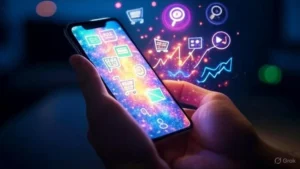 تضيء قنوات التسويق الرقمي مثل وسائل التواصل الاجتماعي وتحسين محركات البحث والتجارة الإلكترونية، ممثلة بالأيقونات، من الهاتف الذكي، مما يرمز إلى قوة التسويق الرقمي ومدى وصوله.