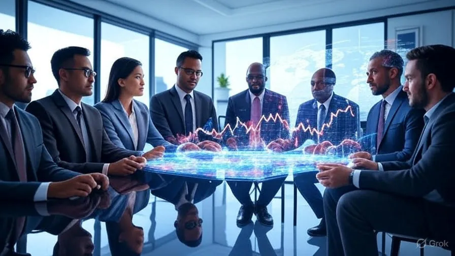1 فريق عمل دولي يحلل بيانات سوق عالمية، يوضح مفهوم وأهمية بحوث التسويق الدولية في اتخاذ القرارات