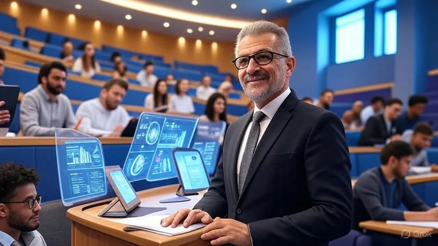 أستاذ جامعي يستخدم تقنيات الذكاء الاصطناعي مثل منصة Manus AI المتطورة في قاعة محاضرات حديثة، مع عرض الرسوم البيانية الاقتصادية والبيانات التفاعلية، في بيئة تعليمية مبتكرة تجمع بين التقاليد الأكاديمية والتكنولوجيا المتقدمة