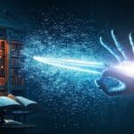 يد آلية تمسك بسيف ذي حدين أمام مكتبة، ترمز لفرص ومخاطر كتابة البحث الأكاديمي بالذكاء الاصطناعي.