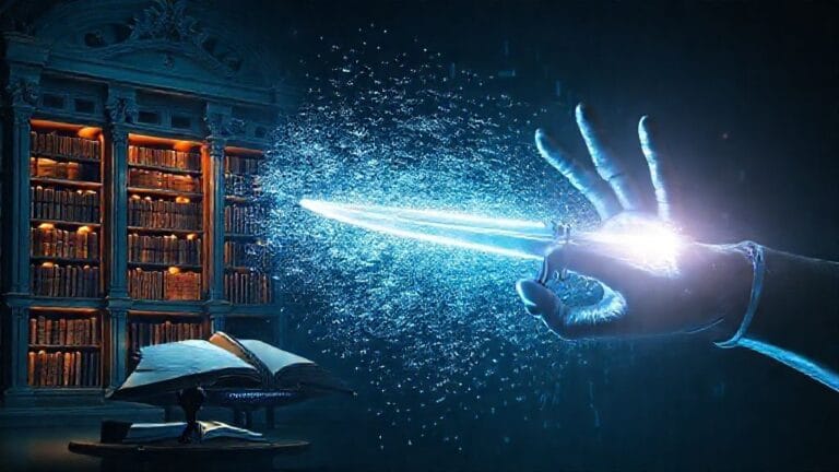 البحث الأكاديمي بالذكاء الاصطناعي: دليلك الشامل للبحث الموثوق والفعال 3 يد آلية تمسك بسيف ذي حدين أمام مكتبة، ترمز لفرص ومخاطر كتابة البحث الأكاديمي بالذكاء الاصطناعي.