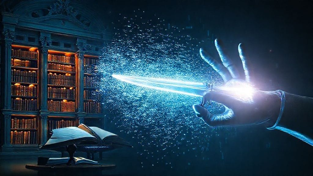 يد آلية تمسك بسيف ذي حدين أمام مكتبة، ترمز لفرص ومخاطر كتابة البحث الأكاديمي بالذكاء الاصطناعي.